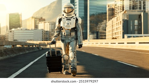 Astronaut, woman and suitcase in city for travel survival, planet dystopia and spacesuit of aerospace mission. Earth, person and luggage with emergency safety, sci fi journey and adventure of explore - Powered by Shutterstock