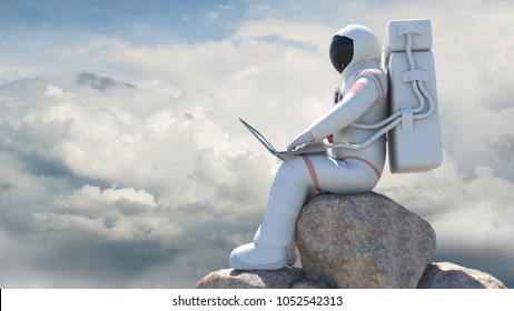 An Astronaut Working With Computer With His Suit On. Clouds And Blues Sky.