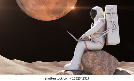 An Astronaut Working With Computer With His Suit On. Mars Surface, Alien Planet On Background.