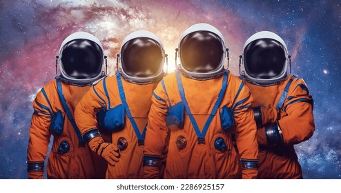 Astronauts in deep bright space. Future Artemis mission from Earth planet on Moon satellite. Spaceman. Elements of this image furnished by NASA  - Powered by Shutterstock