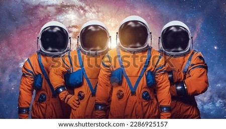 Astronauts in deep bright space. Future Artemis mission from Earth planet on Moon satellite. Spaceman. Elements of this image furnished by NASA 