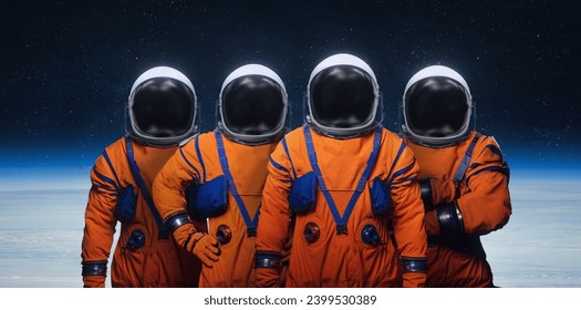 Astronauts in space suits in space near Earth planet. Space collage with spacemans of Artemis crew. Earth orbit. Elements of this image furnished by NASA - Powered by Shutterstock