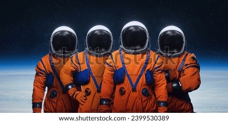 Astronauts in space suits in space near Earth planet. Space collage with spacemans of Artemis crew. Earth orbit. Elements of this image furnished by NASA