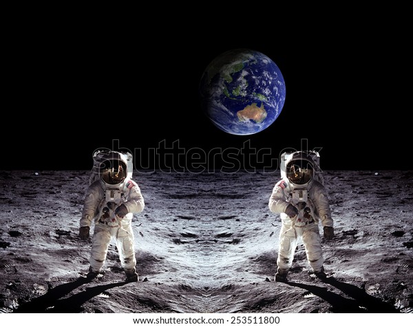 Astronauts spaceman moon landing Earth view.\
Elements of this image furnished by\
NASA.