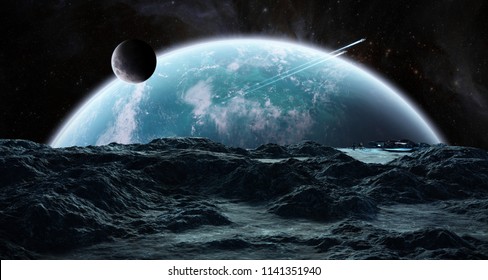 Astronauts with spaceship exploring an asteroid in space 3D rendering elements of this image furnished by NASA