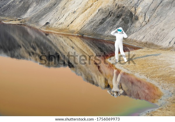 Astronauts woman wear helmet observe planet Mars\
and red lake. female Astronaut on the Moon with reflection in water\
-  image for NASA. lunar craters. planet Earth after environmental\
disaster