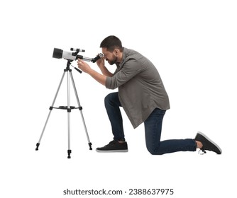 Astronomer looking at stars through telescope on white background
