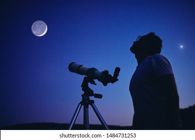 Astronomer With A Telescope Watching At The Stars And Moon. My Astronomy Work.