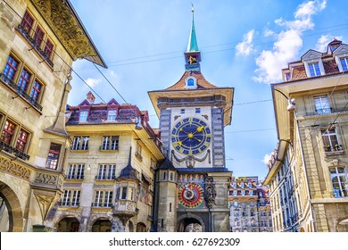 Astronomical clock on the medieval Zytglogge clock tower in Kramgasse street in old city center of Bern, Switzerland.