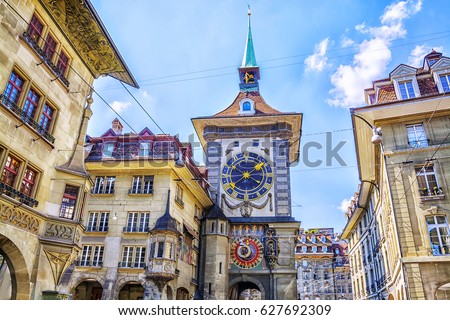 Astronomical clock on the medieval Zytglogge clock tower in Kramgasse street in old city center of Bern, Switzerland.
