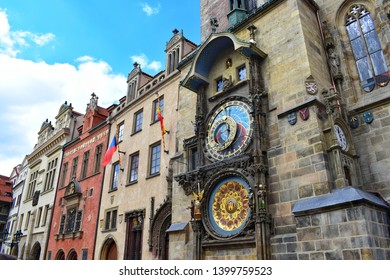 Astronomical Clock (Orloj) Located on the south wall of the City Hall in the old town square. This place is a popular tourist attraction in Prague, Czech Republic.