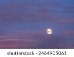 Astronomical event: full moon in a blue-pink cloudy sky at sunset.                               