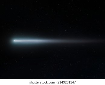 Astronomical Observation Of A Comet That Approached The Earth. The Bright Tail Of A Comet And Its Nucleus In The Sky With Stars.