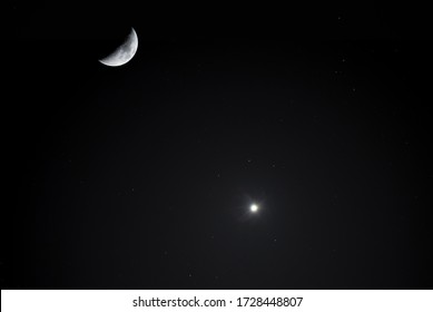 Astronomical Photography. Close-up Moon And Venus Planet On The Dark Sky. Night Photography.