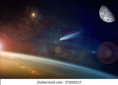 Астрономические научные предпосылки - яркая комета, приближающаяся к планете Земля в космосе. Элементы этого изображения, оформленные НАСА.