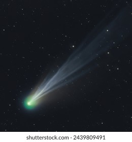 Foto de astronomía del cometa periódico 12P Pons Brooks cielo nocturno. Astro meteoro con núcleo de cola de polvo