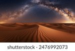 Astrophotography photography, A vast desert under a starry night sky, the Milky Way brightly visible above undisturbed sand dunes, emphasizing the solitude and scale of the desert,