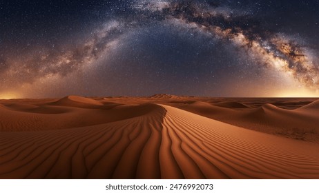 Astrophotography photography, A vast desert under a starry night sky, the Milky Way brightly visible above undisturbed sand dunes, emphasizing the solitude and scale of the desert, - Powered by Shutterstock