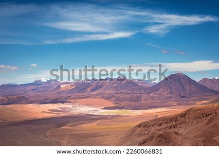 Atacama desert, volcanoes, Lake Lejia and arid landscape in Northern Chile, South America