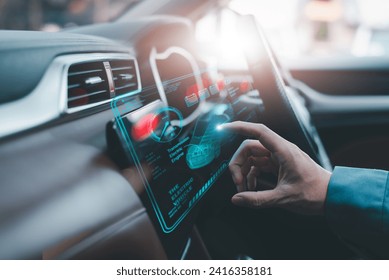 Atechnician hand interacting with a high-tech holographic car interface, showcasing advanced vehicle control systems.
