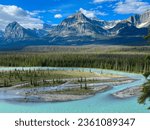 Athabasca River and surrounding mountains along the Ice Fields Parkway in Jasper National Park in Canada