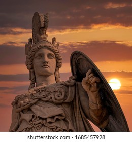 Athena Ancient Greek Goddess Statue And Impressive Sundown Sky