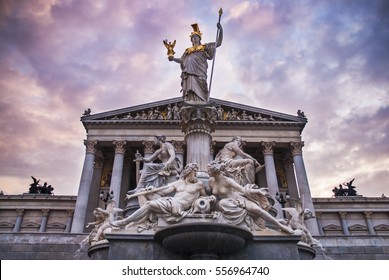 Athena statue in front of Parliament building, Vienna, Austria, sunset