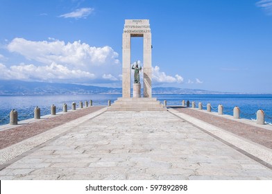 Athena statue in front of the sea, Arena dello Stretto in Reggio Calabria, Italy. The ancient goddess of philosophy and wisdom.