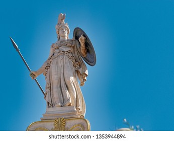 Athens the ancient goddess marble statue under blue sky background with some space for text, Athens Greece