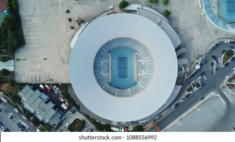 Athens, Attica / Greece 23 May 2018 :Aerial bird's eye view of public tennis court facilities of Olympic Stadium at sunset, Kalogreza