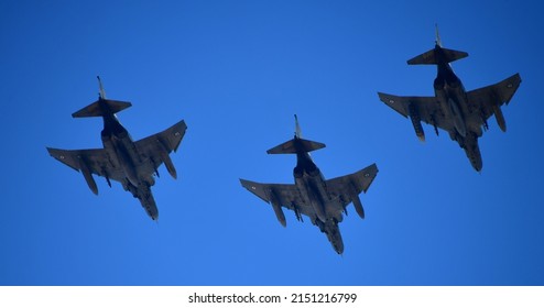 Athens, Attica, Greece, March 25, 2022 Military Fighter Jets Flying Over A Parade