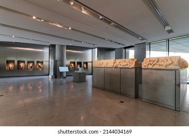 Athens, Attica, Greece - Nov 21, 2021: Interior View Of The New Acropolis Museum In Athens City. Archaeological Exhibits On The First Floor Of The Museum. Nobody, No People