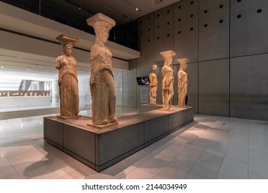 Athens, Attica, Greece - Nov 21, 2021: The Caryatids At The New Acropolis Museum In Athens City. Interior View Of The Museum, Angled View, Nobody, No People