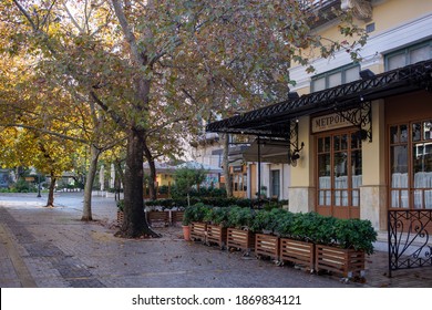 Athens City Center, Greece. December 5 2020. Shops Closed On Empty Cobblestone Street, Winter Day. COVID 19 Pandemic Lockdown