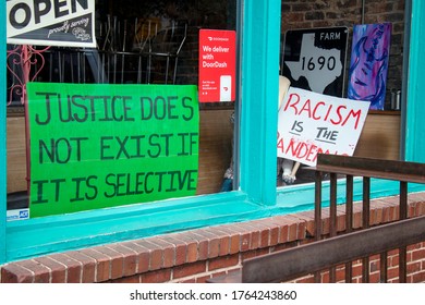 Athens, Georgia - June 25, 2020: Hand-drawn Anti-racist Signs Were On Display In The Front Window Of The World Famous, A Downtown Eatery And Music Venue.