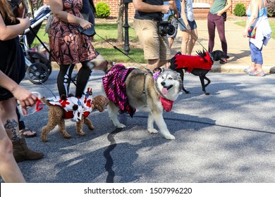 Athens, Georgia – October 15, 2017: Three Dogs In Costumes Walk With Their Owners During Boo-le-Bark On The Boulevard, An Annual Community Parade And Fundraiser For The Athenspets Non-profit.