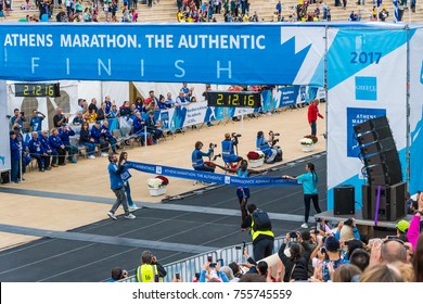 Athens Greece 13th Of November 2017 35th Classic Marathon, The Authentic- Samuel Kalalei From Kenya Crossing The Finish Line 1st