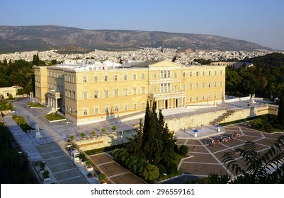 ATHENS, GREECE -14 JULY 2015- The Greek Parliament On Syntagma Square In Athens. The Parliament Votes On The Euro Crisis Bailout Package On 15 July 2015.