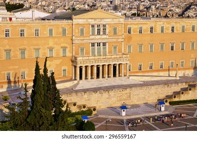 ATHENS, GREECE -14 JULY 2015- The Greek Parliament On Syntagma Square In Athens. The Parliament Votes On The Euro Crisis Bailout Package On 15 July 2015.