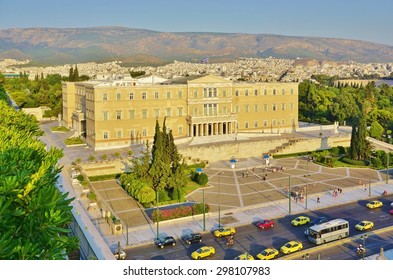 ATHENS, GREECE -14 JULY 2015- The Greek Parliament On Syntagma Square In Athens. The Parliament Voted On The Euro Crisis Bailout Package On 15 July 2015.