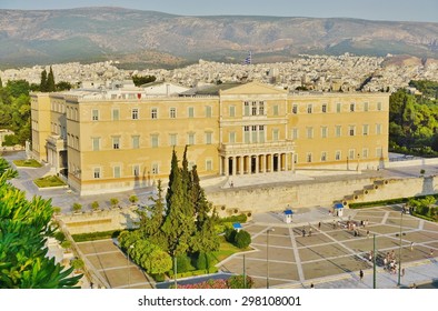 ATHENS, GREECE -14 JULY 2015- The Greek Parliament On Syntagma Square In Athens. The Parliament Voted On The Euro Crisis Bailout Package On 15 July 2015.