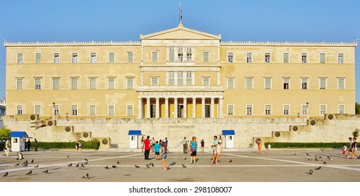 ATHENS, GREECE -14 JULY 2015- The Greek Parliament On Syntagma Square In Athens. The Parliament Voted On The Euro Crisis Bailout Package On 15 July 2015.