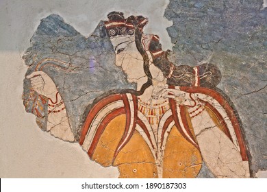 ATHENS, GREECE - 21.12.2019: The Lady of Mycenae, ancient fresco of the 13th century BC, from the Acropolis of Mycenae, now exhibited at the Archeological Museum of Athens, Greece, Europe