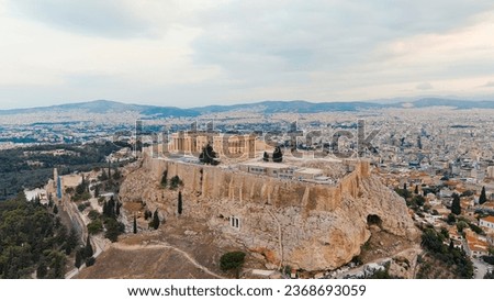 Athens, Greece. Acropolis of Athens in the early morning. Cloudy weather. Summer, Aerial View  