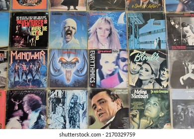 Athens, Greece - April 1, 2018: Vintage Pop Rock Music Vinyl Album Covers On Record Store Wall.