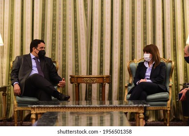 Athens Greece , April 14, 2021 -Visit By The Head Of The Libyan Presidential Council, Mohamed Al-Menfi In Athens - Meeting With Katerina Sakellaropoulou President Of Hellenic Republic