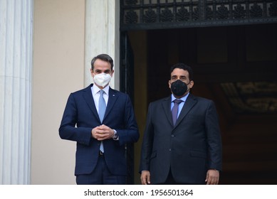 Athens Greece , April 14, 2021 -Visit By The Head Of The Libyan Presidential Council, Mohamed Al-Menfi In Athens - Meeting With Greek Prime Minister Kyriakos Mitsotakis