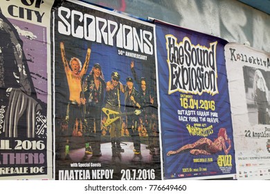 ATHENS, GREECE - APRIL 9, 2016: Wall with concert posters live hard rock music by the Scorpions and garage punk by the Sound Explosion and Mongrelettes.