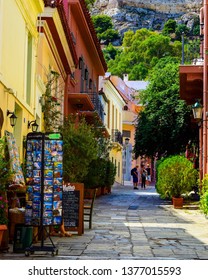 Athens / Greece - August 2nd 2018: A Scenic Street In The Traditional Plaza District In Central Athens.