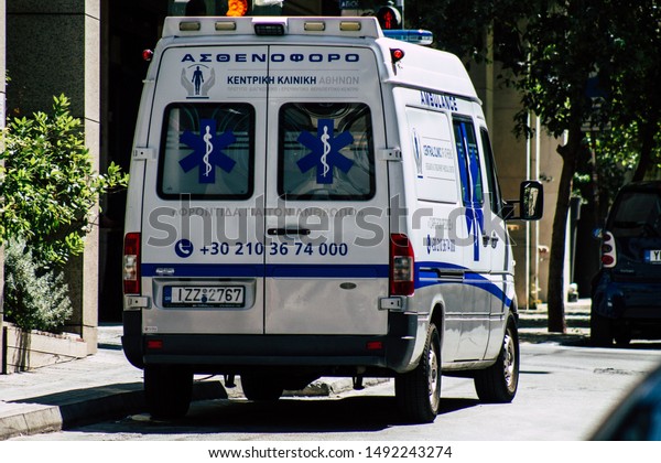 Athens Greece August 30,\
2019 View of a Greek ambulance parked in the streets of Athens in\
the morning